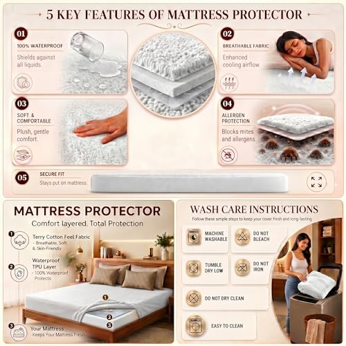 Image of Lithara Terry Cotton Fitted Mattress Protector for Single Bed | Waterproof & Elastic Band | Ultra Soft & Hypoallergenic Mattress Cover | Size : 30 x 72 Inches (2.5 x 6 Feet) | (Pearl White)