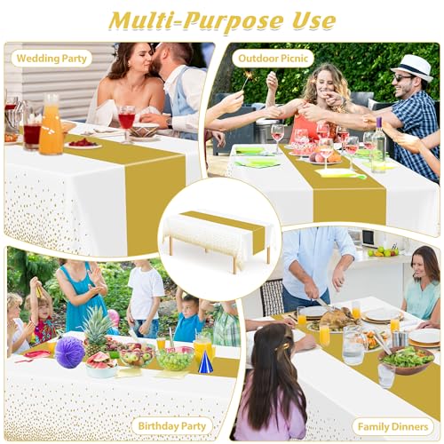 Image of 4Pack Disposable Plastic Table Cloths for Parties, 54 inch x 108 inch White and Gold Rectangle Table Covers, Waterproof Tablecloth for Rectangle Tables Suitable for New Years Eve Thanksgiving Wedding Supplies