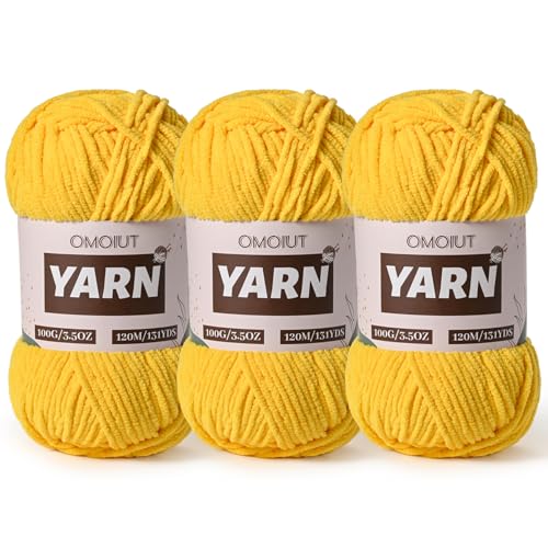 Image of 3 Packs Plush Chenille Chunky Crochet Yarn - Baby Yarn for Crocheting Soft - Velvet Yarns Knitting for Blankets Crafts - Fluffy Amigurumi Yarns 300g / 393yd (3 Golden Yellow)