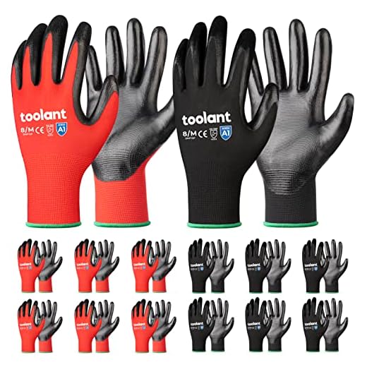 toolant Work Gloves for Men-12 Pairs, Nitrile Coated Work Gloves with Grip, Touch Screen Gloves for Warehouse, Mechanic, Construction, Gardening, Woodworking, Oil Resistant Gloves(Red & Black, Medium)