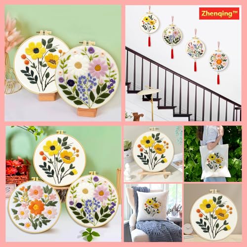 Image of Zhenqing 3-Pack Floral Embroidery Kit for Beginners with Printed Patterns - Complete Embroidery Set with Hoop, Threads, Cotton Fabric & Tools for Home Decor (C0153)