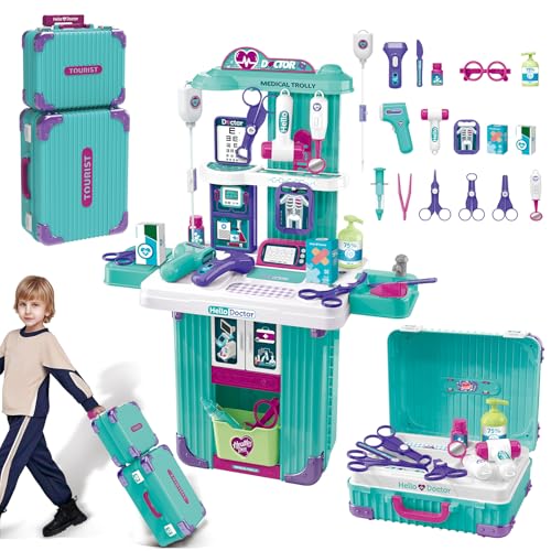 deAO Doctor Kit for Kids Pretend Play Set, Doctor's Mobile Station Table Set Suitcase Toys for Girls Boys Fun