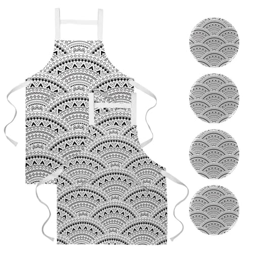 Lot de 2 tabliers de cuisine avec 4 broches motif écailles de henné pour nettoyage et cuisine