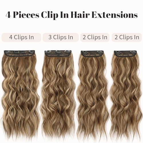 Image of Wavy Thick Hair Extensions 20 inch Medium Brown mix Caramel Blonde | 4 Pieces Clip in Extensions,Fiber Double Weft Hairpieces,Natural Volume,Wave Long Synthetic Highlight Hairpieces for Women