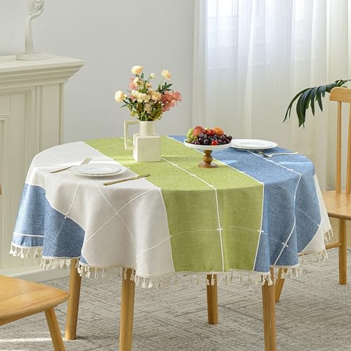 Lattice Embroidery Round Tablecloth with Tassel, Round 48 Inch, Green/Blue