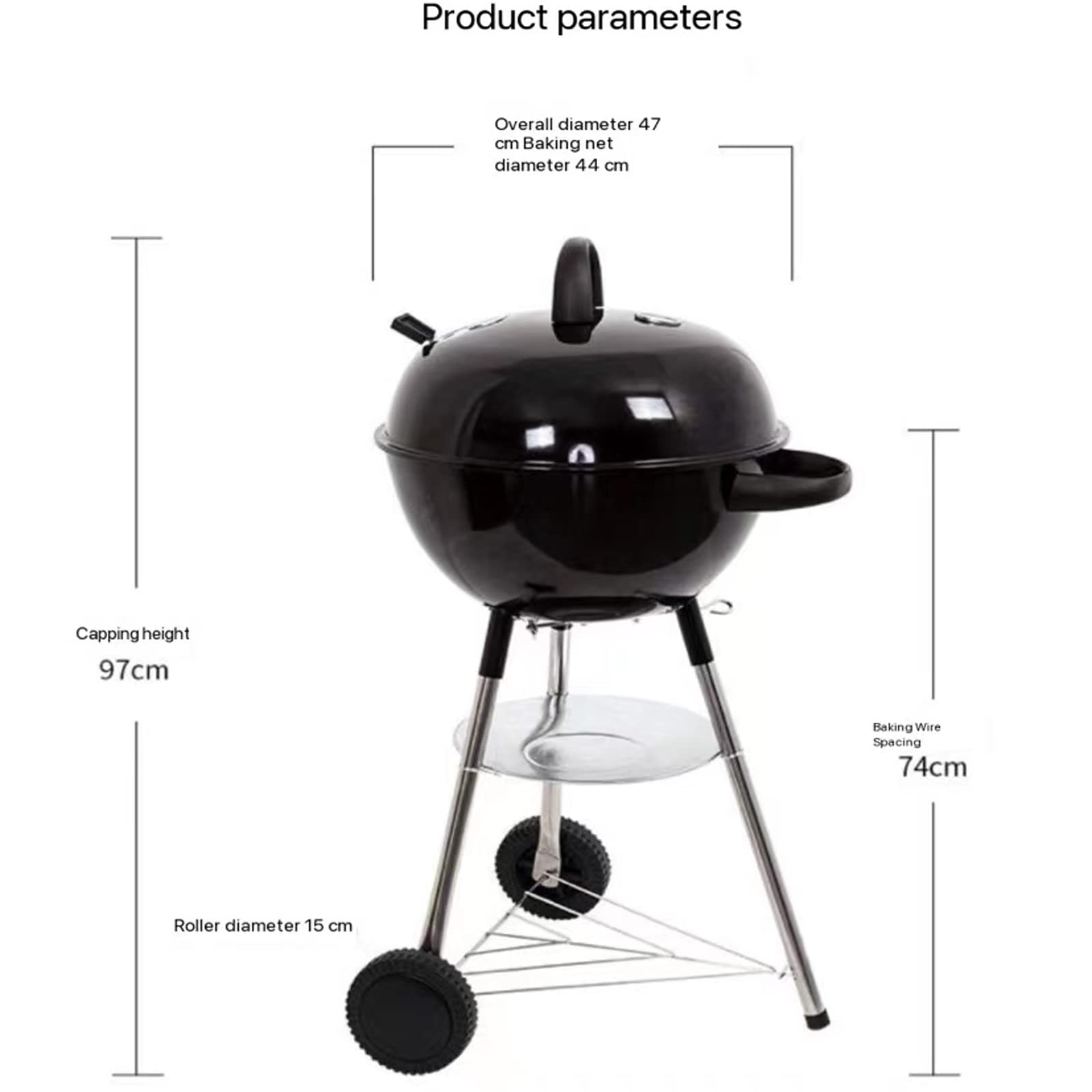 Grill węglowy, grill do grillowania, 2-warstwowe siatki Przenośny okrągły grill premium, kontrola temperatury, dwa koła na piknik przy grillu na świeżym powietrzu
