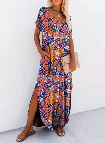 Image of Dokotoo Summer Dresses for Women 2026 Casual Maxi Dress V Neck Cap Sleeve Long Sundress with Pockets Beach Vacation