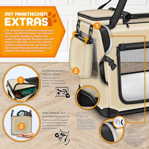 TRESKO® Hundebox faltbar inkl. Leckmatte, Spatel & Reflektoren M 61x42x42cm | Transportbox für Hunde und Katzen | Hundetransportbox Auto für kleine & große Hunde | Hundetasche robust Beige