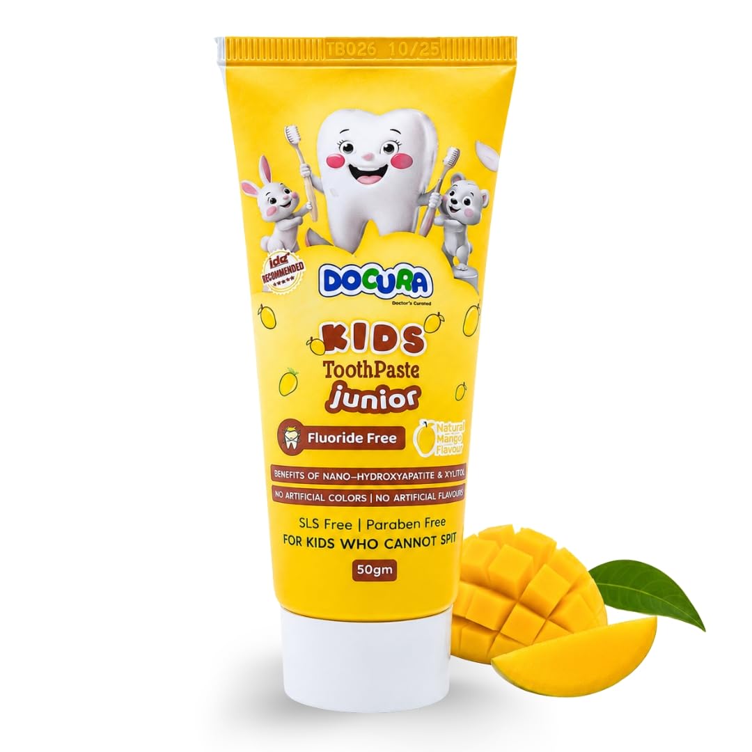 Docura Kids Toothpaste Junior, Natural Mango Flavour | Fluoride-Free, Safe if Swallowed | With Nano-Hydroxyapatite & Xylitol for Stronger Teeth | 50g + Free Baby Finger Toothbrush-picture-12