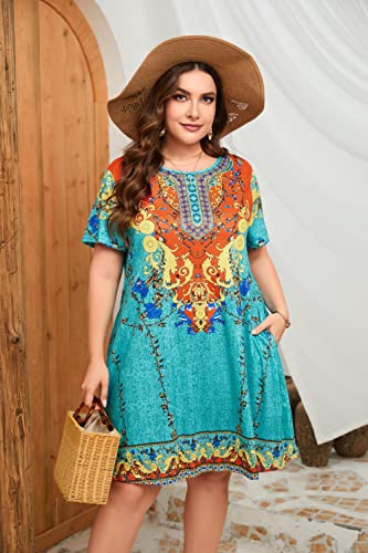 Hbeyyto Summer Casual Tshirt Dresses For Women Plus Size Tropical Print Swing Sun Dress Beach Swimsuit Cover Ups With Pockets Floral 3X thumb #1