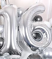 AULE Luftballon Zahl 16 Silber 40 Zoll Folienballon Helium 0-60 Geburtstag – Ansicht 3