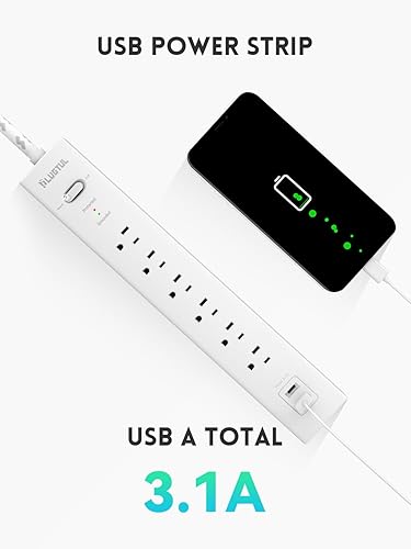 Miniatura 5 de PLUGTUL Regleta protectora de sobretensiones con puertos USB, cable de extensión de 6 pies con múltiples tomas, enchufe plano, montaje en pared, 2