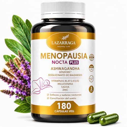 Menopausia Sofocos y Sudores Nocturnos Mujer | Sueño Profundo con Melatonina, Salvia y Ashwagandha Sensoril® | Magnesio Bisglicinato + Vitaminas B6 B12 D3 K2 | 180 Cápsulas | LAZARRAGA