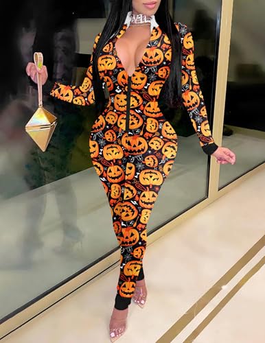 Ekouaer Halloween Onesie Women Sexy Pajamas Zipper Christmas One Piece Bodycon Outfit Jumpsuit Costume S Yellow Pumpkin Print thumb #2