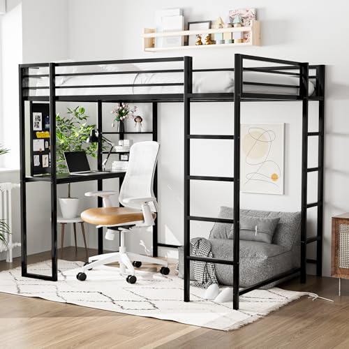 JINS&VICO Twin Size Loft Bed with Desk and Shelves, Metal Loft Bed Frame with 2 Built-in Ladders, Guardrail, Loft Bed for Juniors, Adults, Noise-Free & No Box Spring Needed, Black