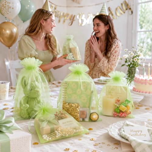 Image of FUNFERY 100PCS Apple Green Sheer Organza Bags 3x4 in, Goodie Bags Bulk | Small Mesh Gift Bag with Drawstring for Wedding Party Favor, Drawstring Pouch for Jewelry, Sachet Bags for Treat, Candy, Soap