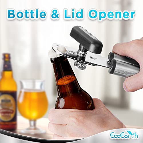 Ecoearth Heavy-Duty Can Opener (Stainless Steel & Black), Manual Easy Grip Handheld Tin Opener, Multipurpose Kitchen Tool, Lid Top Remover, Easy Turn Knob W/Bottle Opener #TOP3