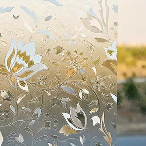 SACHUKOT 3D Decorative Privacy Film No Glue Revomable Static Cling Frosted Film Reusable Anti UV Window Sticker for Home Office Tulip Pattern 90 * 200CM Cover