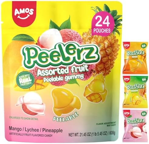 Amos Peelerz Assorted Peelable Gummy Variety Pack – Mango, Lychee & Pineapple | 24 Individually Wrapped Packs (608g) | Fun, Chewy, Shareable Treat