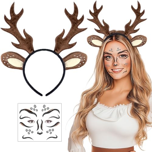 iZoeL Halloween Reh Kostüm Damen Mädchen,Reh Haarreif Rehohren Tattoo | Reh Kostüm Damen Mädchen,Reh Haarreif, Rehohren, Geweih Hörner, Reh Gesichtstattoo,Halloween Reh kostüm