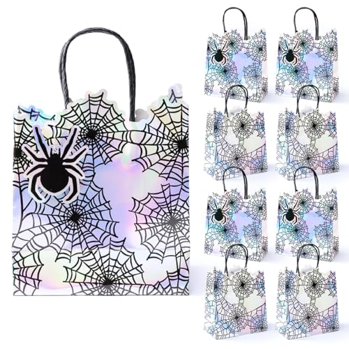 Cheerland Iridescent Spiderweb Gift Bag Halloween Goodie Bags Spider Party Favor Cobweb Treat Tote Paper for Spooky Birthday Baby Shower Summerween Picnic Emo Gothic Party Decorations Supplies 8pcs