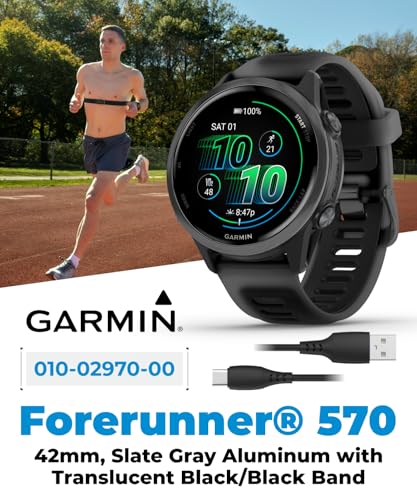 Image of Garmin Forerunner 570 42mm Advanced GPS Running & Triathlon Smartwatch, AMOLED Display, Training & Recovery Features, Slate Gray Aluminum w /Translucent Black /Black Band w / Wearable4U PowerBank Bundle