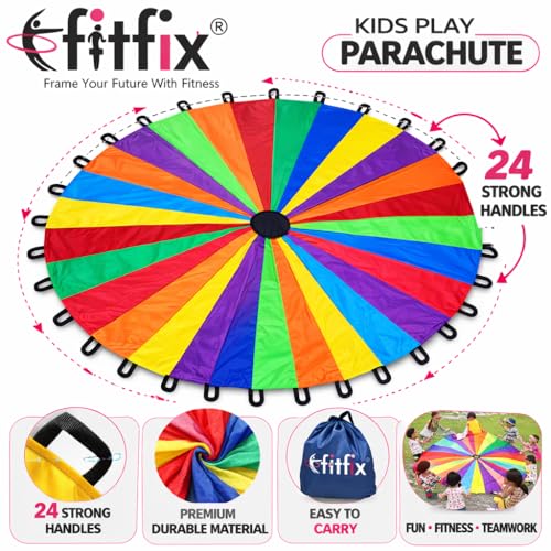 Image of Fitfix 24 Feet Rainbow Kids Play Parachute Game | Colorful Outdoor & Indoor Activity Toy for Schools, Kindergarten & Parties | Durable Polyester Cooperative Team Play Parachute for Boys & Girls