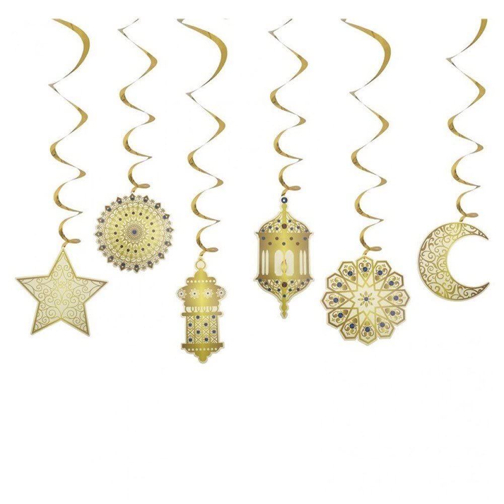 Bontannd Gold 6Pcs Shining Star Moon Lantern Ramadan Garland Eid Decoration Home Happy Ramadan Mubarak Party Banner Hanging Streamer Backdrop