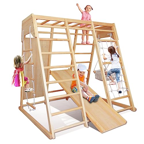 Image of ECOMEX Indoor Jungle Gym for Toddlers 7 in 1 Indoor Playground Wooden Montessori Climber Playset with Slide Swing Climbing Net, Indoor Playground Climbing Toys for Toddlers
