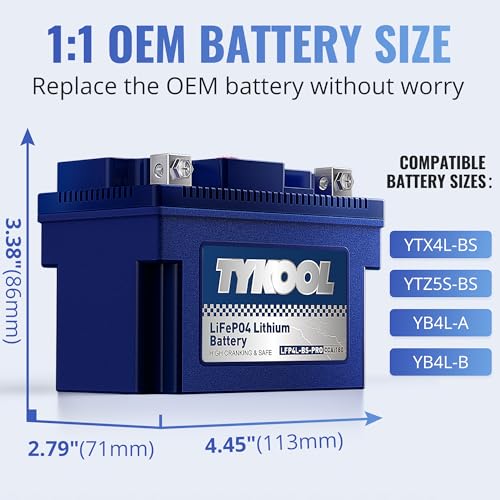 Image of TYKOOL YTX4L-BS-Pro High PerformanceLithium Motorcycle Battery,180CCA 12.8V 3Ah LiFePO4 Powersports Battery,Built-in BMS,for Dirt bikes,ATV,Scooter,4 wheeler,Hongda grom,Motocross,Riding Lawn Tractor