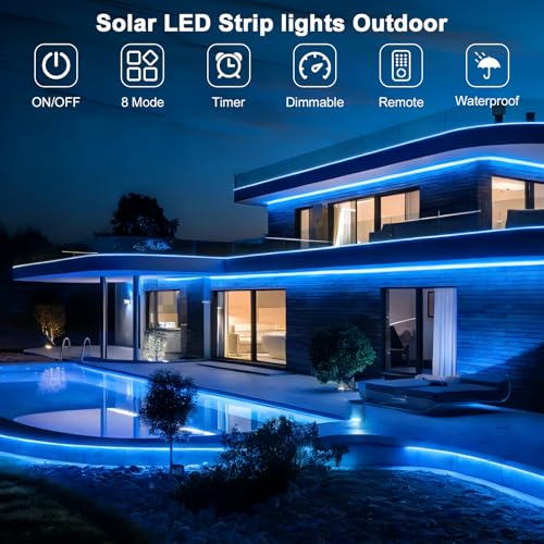 Image of Upgrade Solar Led Strip Lights Outdoor, 20ft Solar Rope Lights Self-Adhesive Waterproof, 8 Mode with Remote Timer and Auto On /Off, Perfect for Deck, Patio, Poolside, Camping Decor, Blue