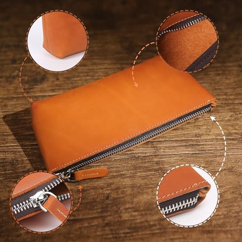 Image of Leather Pen Pouch, Genuine Pencil Pouch, Elegant Handcrafted Zipper Pouch, Makeup Case for Women, Pencil Case Pencil Bag big Leather Pouch
