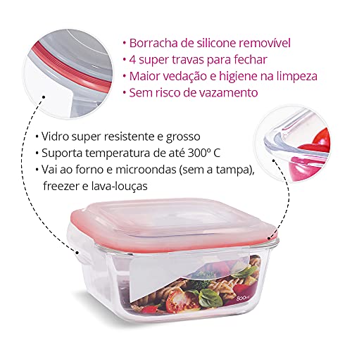 Conjunto 6 Potes Vidro Hermético Marmita Quadrado 800 Ml
