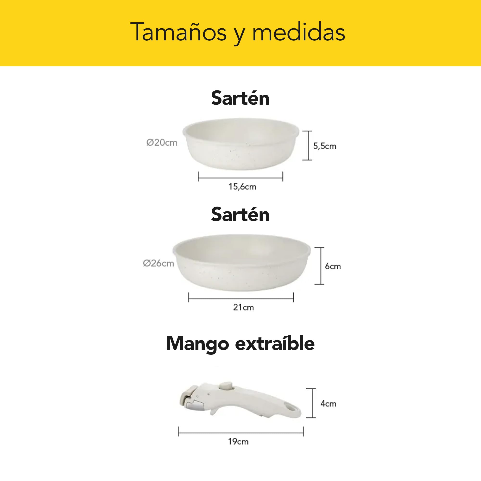 CASTEY - Easy Pan Duo, Set de Sartenes con Mango Desmontable, Aluminio, Doble Recubrimiento Antiadherente, Apto para Horno y Todas las Cocinas, Fácil Limpieza, Blanco