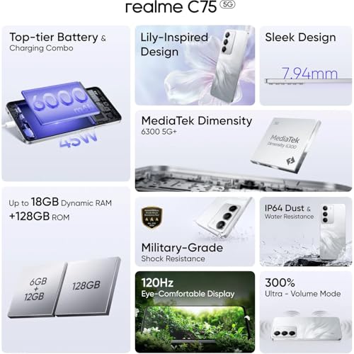 Image of realme C75 5G Smartphone Android 15 Display 6.67 inch FHD 120Hz 6000mAh Battery 45W Charge 4GB RAM 128GB ROM Dual SIM Support AI Camera Fingerprint WiFi GPS (White)
