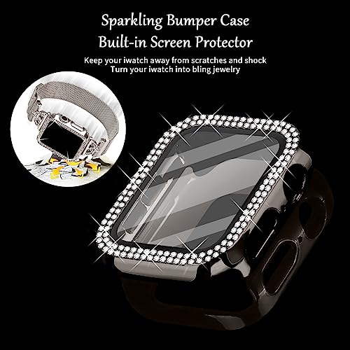 JOYOZY Magnetic Band Compatible with Apple Watch Band 38mm 40mm 41mm 42mm 44mm 45mm 46mm Milanese Strap with Bling Glitter Case Built-in Screen Protector Dressy Stainless Steel iWatch Loop for Women