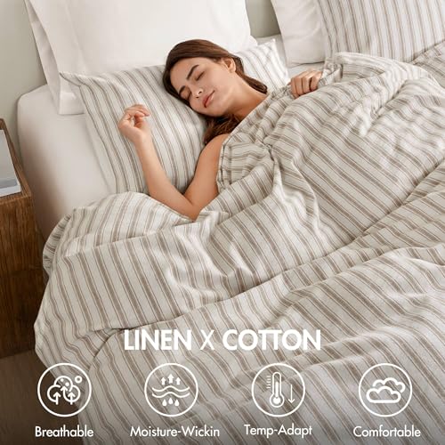 Image of Madison Park Linen Cotton Rayon Blend Duvet Cover Set, 3PC Queen | Striped Design, Lightweight & Breathable Bedding with Shams, Tan