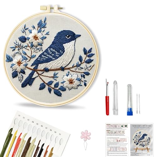 Image of Huacan Embroidery Kit for Beginners Adult, Include Embroidery Cloth Hoops Threads for Craft Lover Hand Stitch with Embroidery Skill Techniques