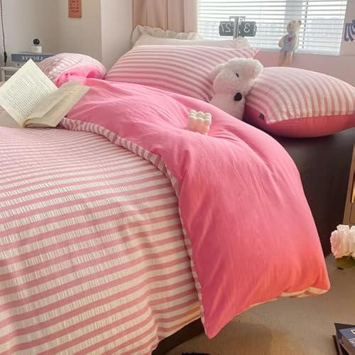 Juego de Ropa de Cama de Seersucker a Rayas Estilo Ins, Funda de edredón, sábanas Planas, Funda de Almohada, Juego de sábanas, Funda de edredón Suave, Juego de Ropa de Cama