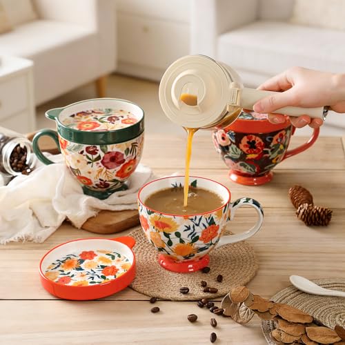 Taza grande de cerámica con tapa, 450 ml, diseño floral miniatura 5