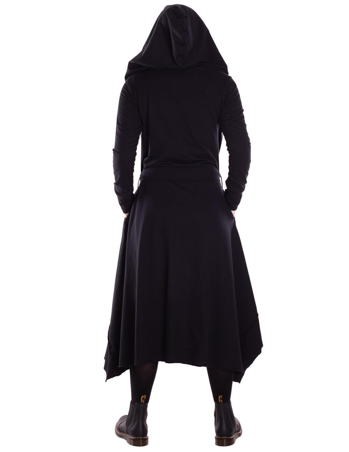 Vishes - Langer asymmetrischer Baumwoll-Überwurf mit Kapuze, Taschen, Daumenlöchern und Gürtel - Alternative Bekleidung