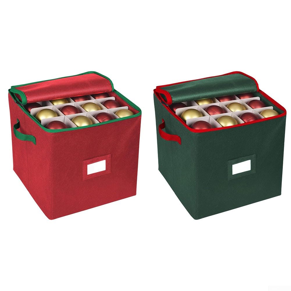 Aufbewahrungsbox für Weihnachtskugeln mit 64 Gitterabschnitten und Trennwänden, Reißverschluss, um Ornamente sicher zu halten, faltbar und leicht zu tragen, mit seitlichen Griffen (rot)