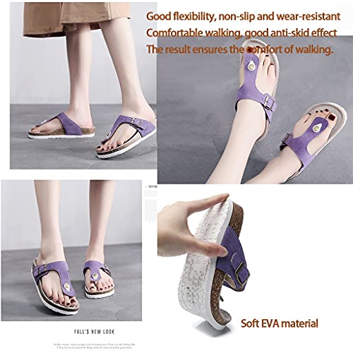 GHYUB Flip Flop Sandals for Women,Slippers with Arch Support,Real Cowhide Cork Slippers Summer Wear Fashion All-Match Women's Shoes New Sandals Beach Sandals Flip-Flops (Color : Purple, Size : EUR38)2