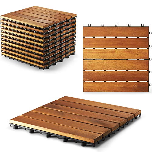 Interlocking Deck Tile (Pack Of 10, 12"X12") Acacia Hardwood Deck Tile, Interlocking Patio Tile In Solid Acacia Wooden Oiled Finish Waterproof All Weather Perfect For Indoor Outdoor(Golden Teak Color) #TOP7
