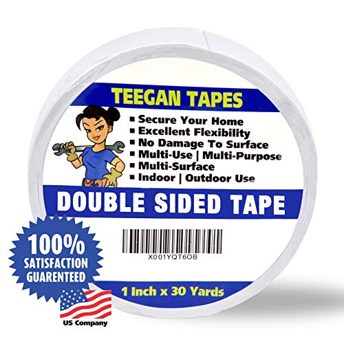 Teegan Tapes Double Sided Carpet Tape for Area Rugs, Residue-Free, 1-Inch x 30 Yards; Wood Safe 2 Faced Rug Tape for Carpet to Floor and Rug to Carpet Applications, Strong Hold