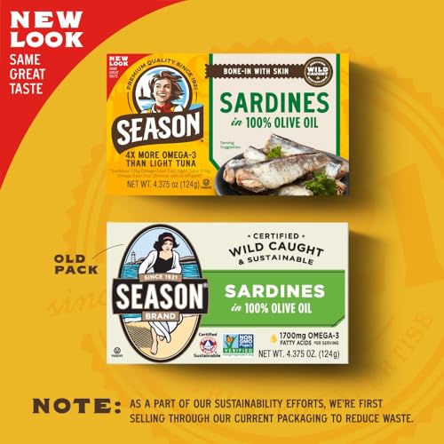 Season Sardines in Olive Oil - Wild Caught, 22g of Protein, Keto Snacks, More Omega 3's Than Tuna, Kosher, High in Calcium, Canned Sardines - 4.37 Oz Tins, 12-Pack - Thumbnail 3