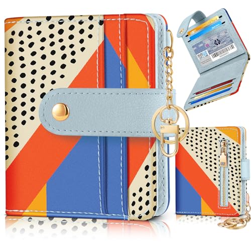 Image of Bistup Small Card Wallet for Women with Keychain, Colorblock Spot | Clear ID Window, Compact Design for Daily Carry, Durable Material, Sturdy Keychain, Aesthetic
