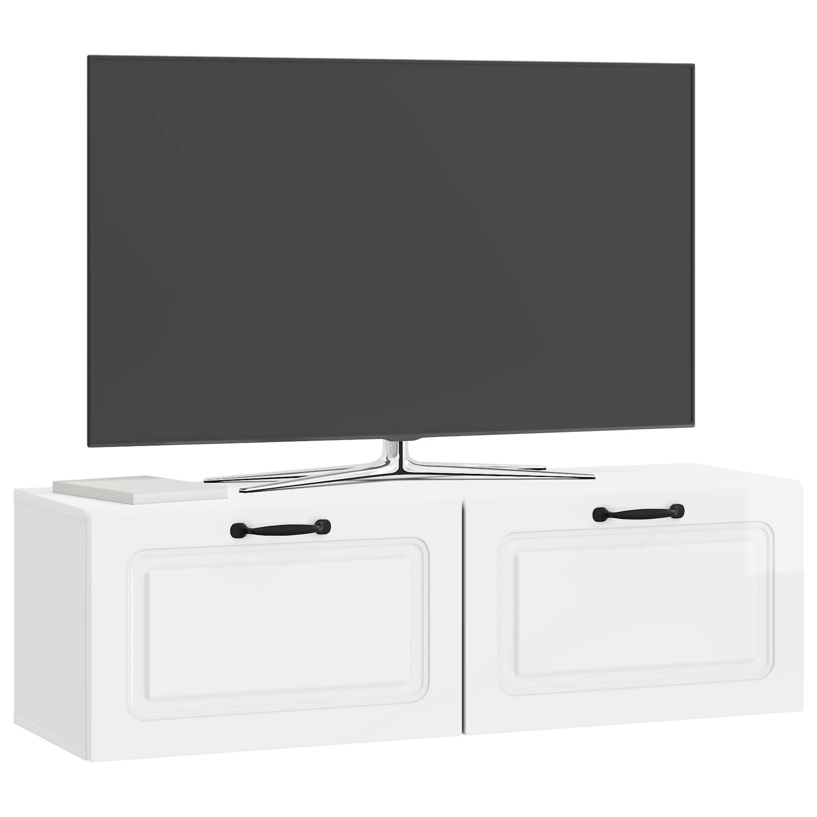 Mueble para TV montado en la pared, color blanco brillante, 98 x 31 x 30 cm, moderno mueble bajo de madera para salón, mueble de TV colgante con 2 puertas giratorias y espacio de