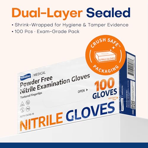 Supmedic Medical Nitrile Exam Gloves, Latex-Free, Powder-Free, Food Safe, Cooking Food Prep, Disposable Gloves, Blue, 100 Pcs (X-Large)