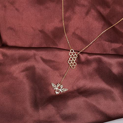 18K Gold Plated Stainless Steel Bee Honeycomb Pendant Necklace, Adjustable Y Lariat Conch/Guitar/Horseshoe Necklace for Women3